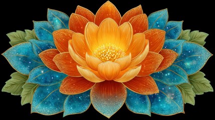 Luminous Orange and Teal Lotus Flower Digital Illustration