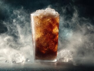 Refreshing Glass of Root Beer with Ice Against Dark Smoky Background