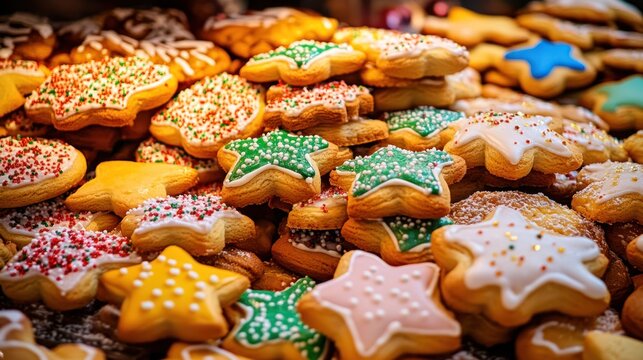 Festive star cookies with colorful sprinkles and icing