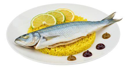 Isolated Plate with Fish and Yellow Rice