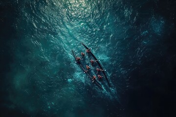 Aerial view of a rowing team, intensely focused on synchronized effort