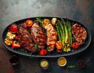 Grillowane mięso i warzywa na ruszcie na czarnym tle.