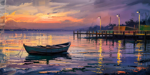 Moody nighttime seascape lone rowboat, glowing dock lights, rippling reflections, textured brushstrokes, dramatic twilight sky blending deep purples and warm oranges.