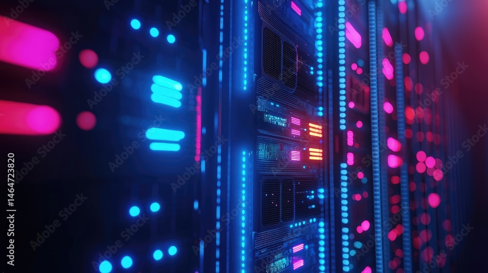 Poster Close-up of colorful server lights in a data center, highlighting glowing pink and blue nodes, symbolizing high speed data communication and smart infrastructure