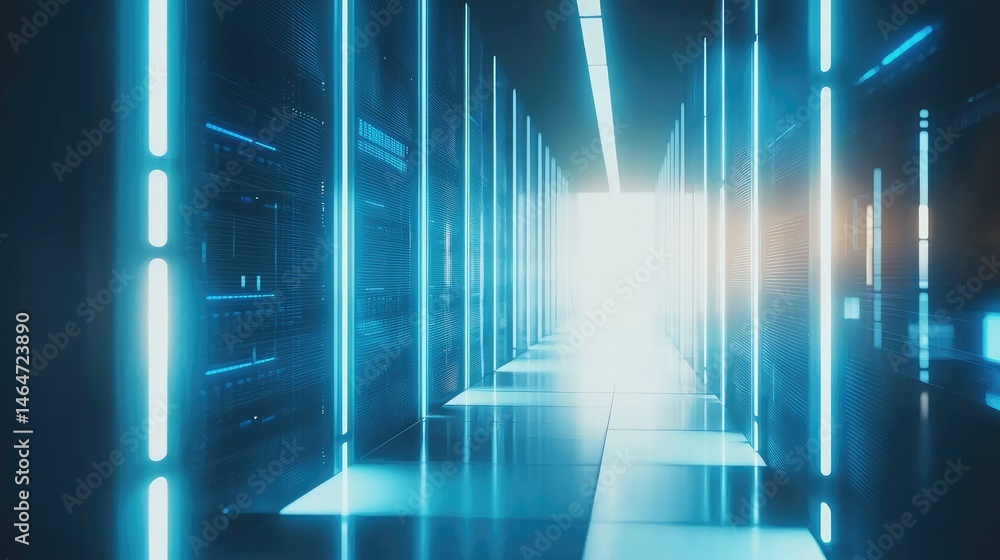 Aufkleber Blue server room hallway with glowing vertical lights and data nodes, representing secure infrastructure, futuristic data processing, and cloud computing technology