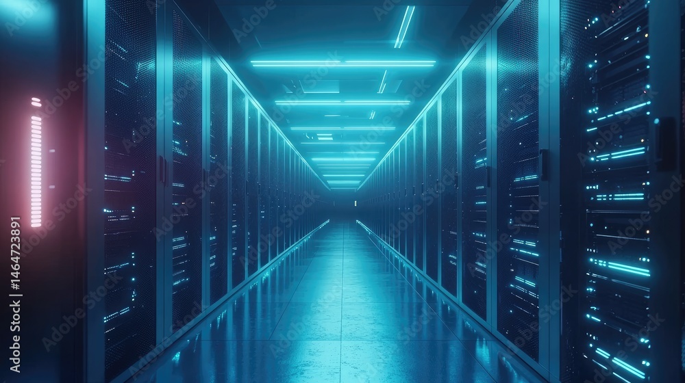 Poster Futuristic server corridor glowing with cyan lights, representing high performance computing, secure data infrastructure, and advanced technology environments