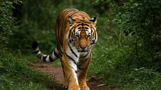 Tiger walking through woodland