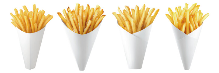 Freshly served crispy French fries in white paper cones with varying shapes and textures, perfect for food photography