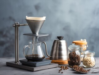 Coffee brewing equipment with beans and filters in elegant setting