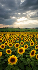 Obraz premium Sunflowers Field Dramatic Sunset Landscape Photography Summer Nature Beauty