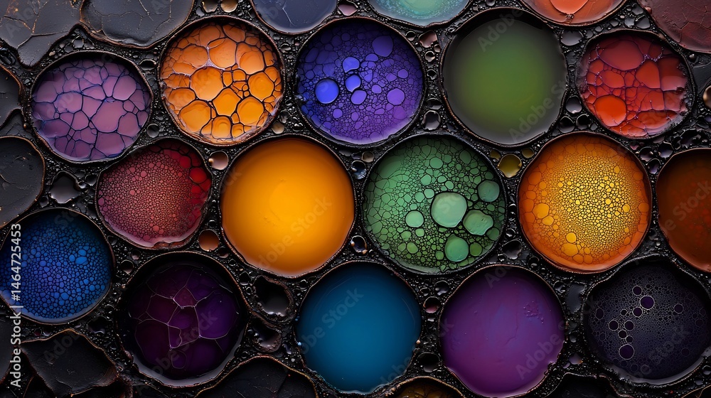 Poster colorful circular patterns within a dark honeycomb-like structure