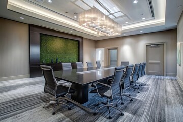Modern conference room with a long table, comfortable seating, and a contemporary design