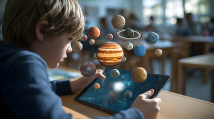 Exploring cosmic wonders A curious boy discovers the solar system through augmented reality on a tablet