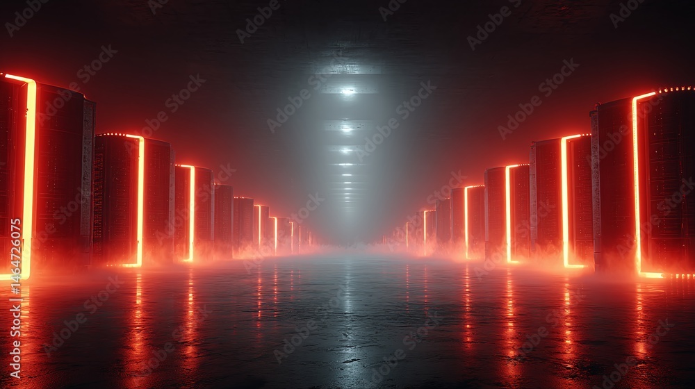 Poster futuristic data center, digital library with infinite glowing scrolls. ai-managed knowledge vault wi
