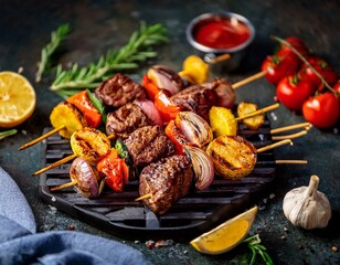 delicious grilled steak kebabs potato vegetables summer bbq food photography meat meal tasty party image dinner recipe