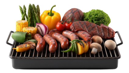 A variety of grilled meats and vegetables including sausages, steaks, corn, and bell peppers on a barbecue grill, on transparent background.