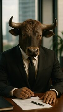 Boss bull animal concept Anthropomorphic wearing a black suit, formal business suit to work in ca orporate office workplace AI