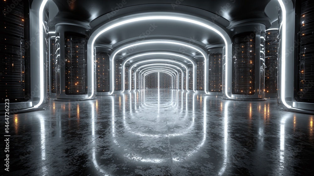 Poster futuristic data center, digital library with infinite glowing scrolls. ai-managed knowledge vault wi