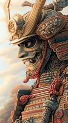 Naklejka premium Samurai's detailed armor. Ornate helmet and mask adorn warrior against a soft, scenic backdrop