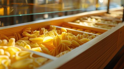 Display of yellow pasta in wooden boxes