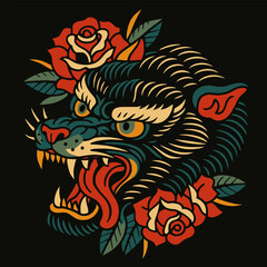 Roaring Wildcat with Roses Graphic Illustration on Black Background