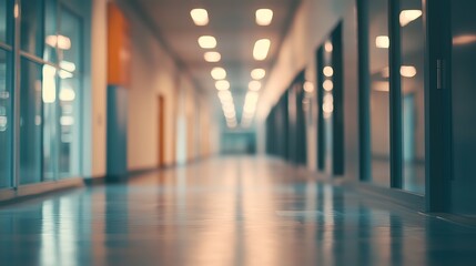 Modern office building interior corridor long empty hallway blur teal blue grey space light floor
