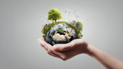 A digitally enhanced globe held in a hand, depicting environmental sustainability.