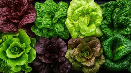 Obraz premium Assorted lettuce varieties overhead closeup shot