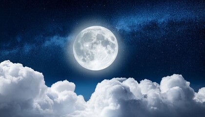 a large moon shining bright in the night sky above fluffy white clouds