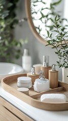 Fototapeta premium Beautiful spa composition with bottles of cosmetic products on table in bathroom