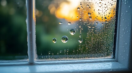 Fototapeta premium Close-up of water droplets on windowpane with blurred sunset view through glass