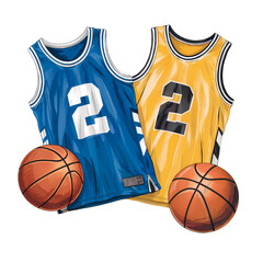 A digital illustration of two basketball jerseys and two basketballs, png