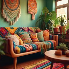 Buntes Hippie-Wohnzimmer mit gehäkelter Granny-Decke
