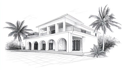 Architectural sketch tropical house design home building plan