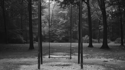 Empty swing in a gloomy forest