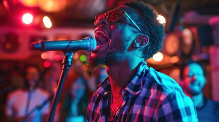 Energetic singer performing on stage