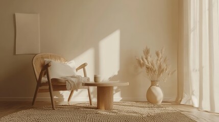 Cozy minimalist living room, sunlight, beige decor, relaxation