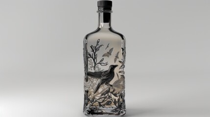 Etched glass bottle with birds and foliage