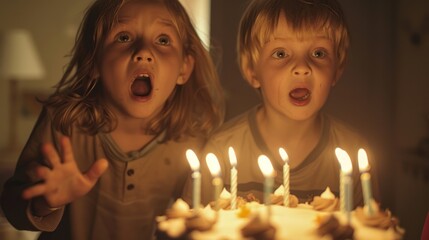 Excited children blowing out birthday candles