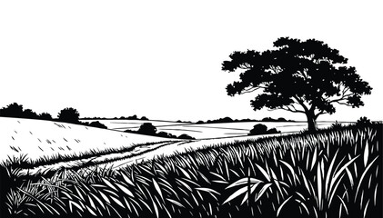 A tree in a field in black and white
