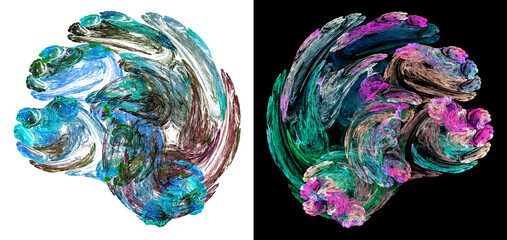 Abstract dynamic blurry textures. Abstract colorful wings - swirls are arranged symmetrically on black and white backgrounds. Set. 3D rendering. 3D illustration.