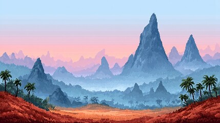 Misty Valley Sunrise Pixel Art Landscape with Blue Mountains and Palm Trees