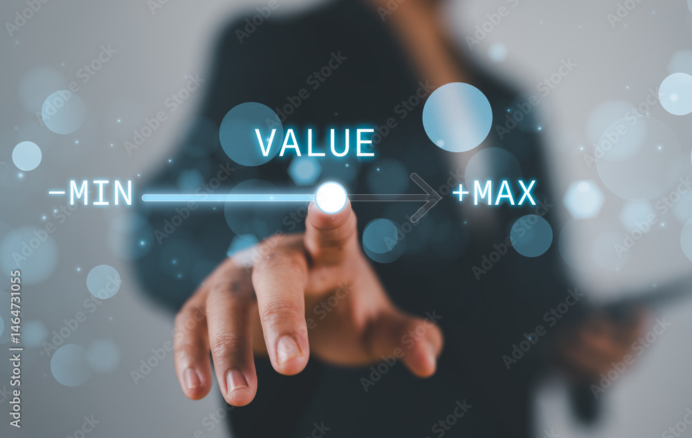 Aufkleber business value added concept. businessman touching virtual progress bar with the word value for busi