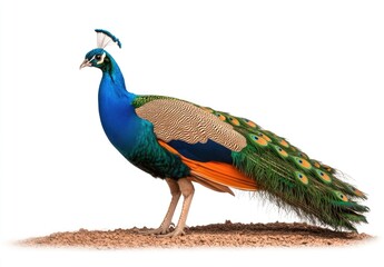 Naklejka premium Peacock displaying vibrant plumage and intricate feather patterns on white background
