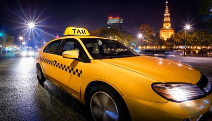 classic yellow taxi with illuminated taxi sign showcasing the urban nightlife and vibrant street life of the city