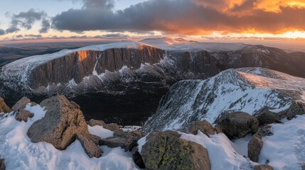 Scenic vista of snow covered peaks during a vibrant sunset atmosphere
