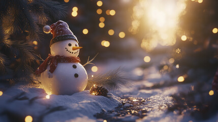 Obraz premium A snowman with a red hat and scarf, standing on snow-covered ground, surrounded by pine branches and glowing lights.