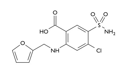 furosemide molecule, structural chemical formula, ball-and-stick model, isolated image loop diuretic