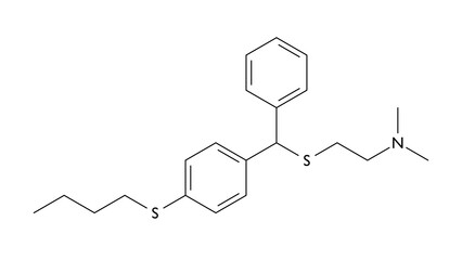 captodiame molecule, structural chemical formula, ball-and-stick model, isolated image antihistamine agent