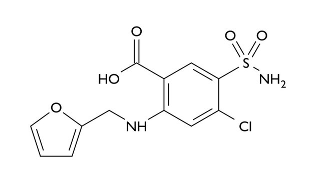 furosemide molecule, structural chemical formula, ball-and-stick model, isolated image loop diuretic